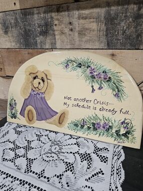 Hand-Painted Teddy Wall Plaque with Purple Flowers